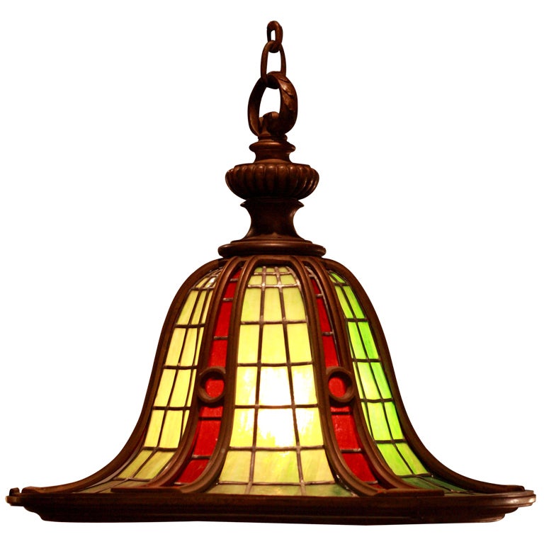 Bronze and Leaded Glass Arts and Crafts Chandelier For Sale