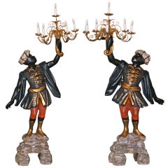 Pair of Carved Polychrome Wood Blackamoors with Chandeliers