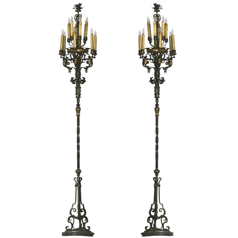 Pair of Very Tall  Vintage Wrought Iron Torchieres For Sale