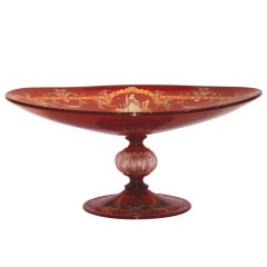 Large ruby red Venetian glass compote with decoration