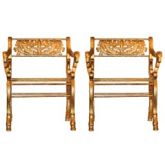 Pair of Heavy Cast Iron Gold Painted Garden Arm Chairs