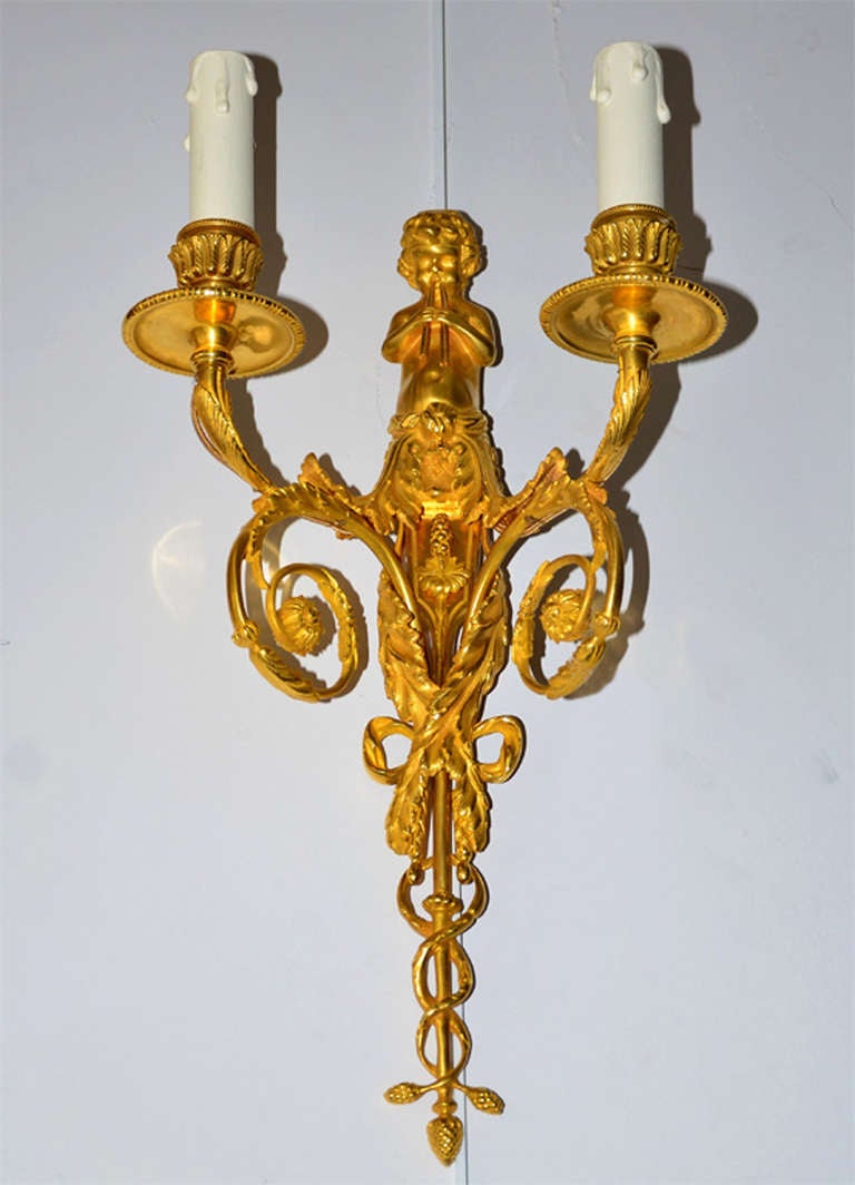 Napoleon III Gilded Bronze Sconces With Children playing flute For Sale