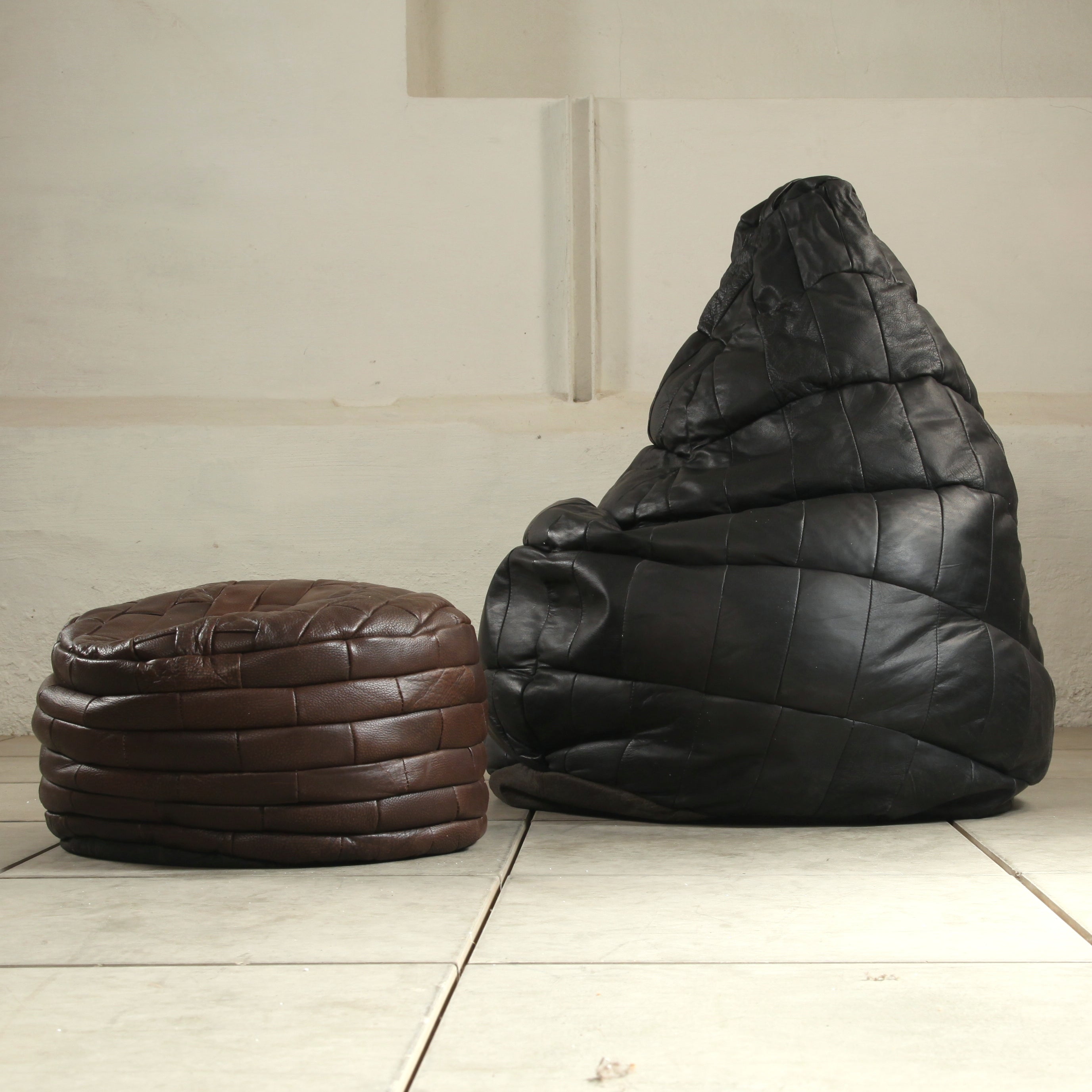 1970's Leather patched seating/bean bag & ottoman attr De Sede