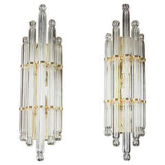 Stunning Pair Of Wall Lamps In Italian Glass With Brass Structure
