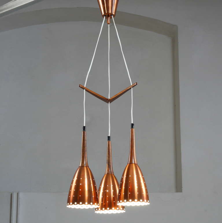 Impressive Copper Chandelier With Performated Shades And Tropic Wood Details In Excellent Condition In Antwerp, BE
