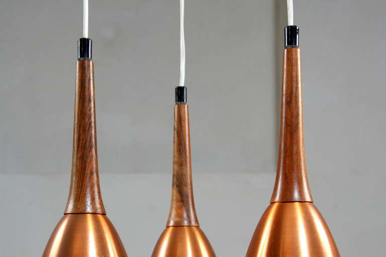 Danish Impressive Copper Chandelier With Performated Shades And Tropic Wood Details