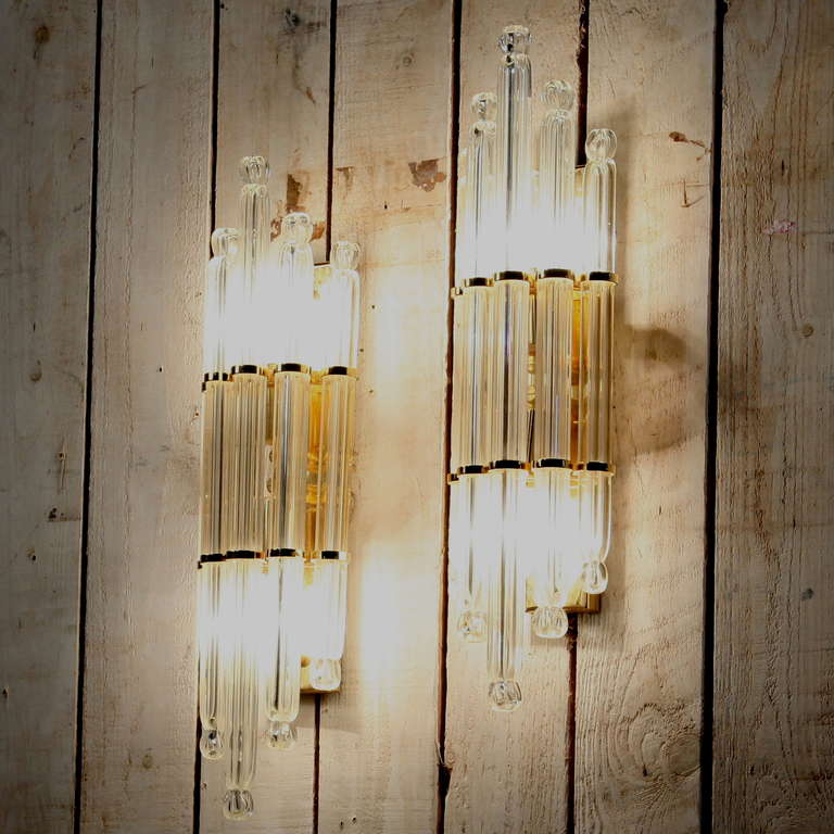 Stunning Pair Of Wall Lamps In Italian Glass With Brass Structure 2