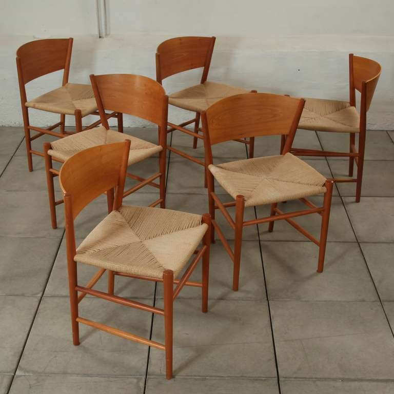 Tom Stepp set of six Danish fruitwood 'Jive' dining chairs for Fredericia Furniture. The chairs have cane seating and rounded back . All in excellent condition.

Seat Height 46cm