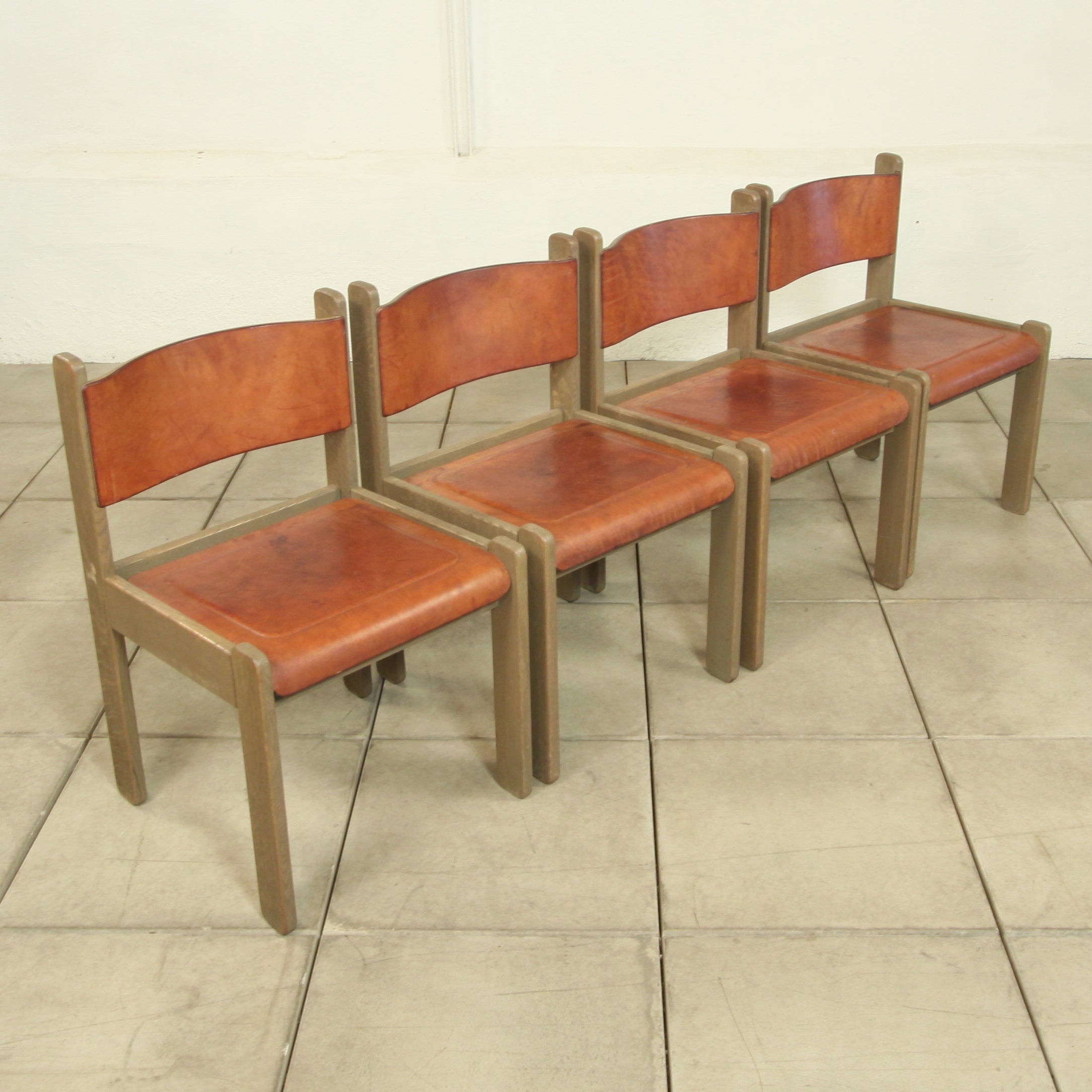 4 Solid Wooden Chairs Upholstered with Thick Heavy Saddleleather