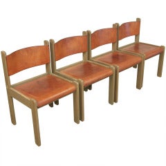4 Solid Wooden Chairs Upholstered with Thick Heavy Saddleleather