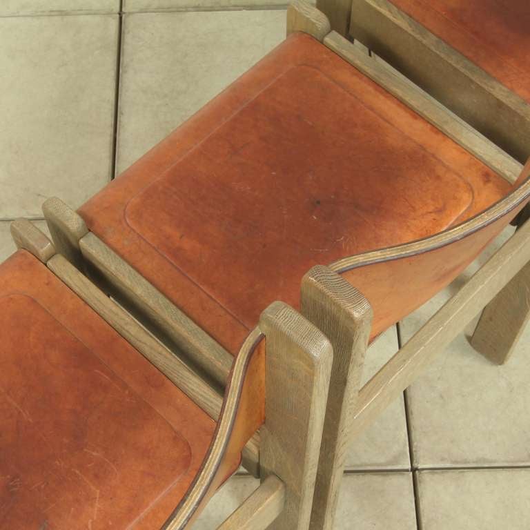 4 Solid Wooden Chairs Upholstered with Thick Heavy Saddleleather In Excellent Condition In Antwerp, BE