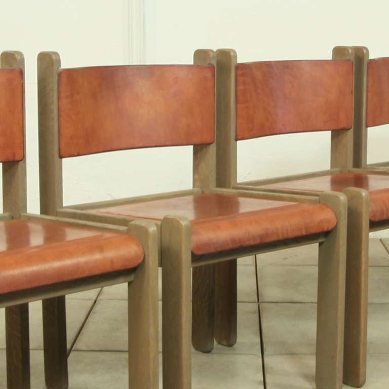 Mid-20th Century 4 Solid Wooden Chairs Upholstered with Thick Heavy Saddleleather