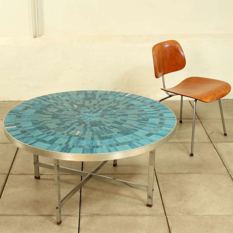 Artist and sculptor Berthold Moeller, handcrafted round ceramic coffee table 1960.
handcrafted azur blue mosaic coffee table from the artist & sculptor berthold müller 1960s.
provenance: germany

material: ceramic, metal & chrome
