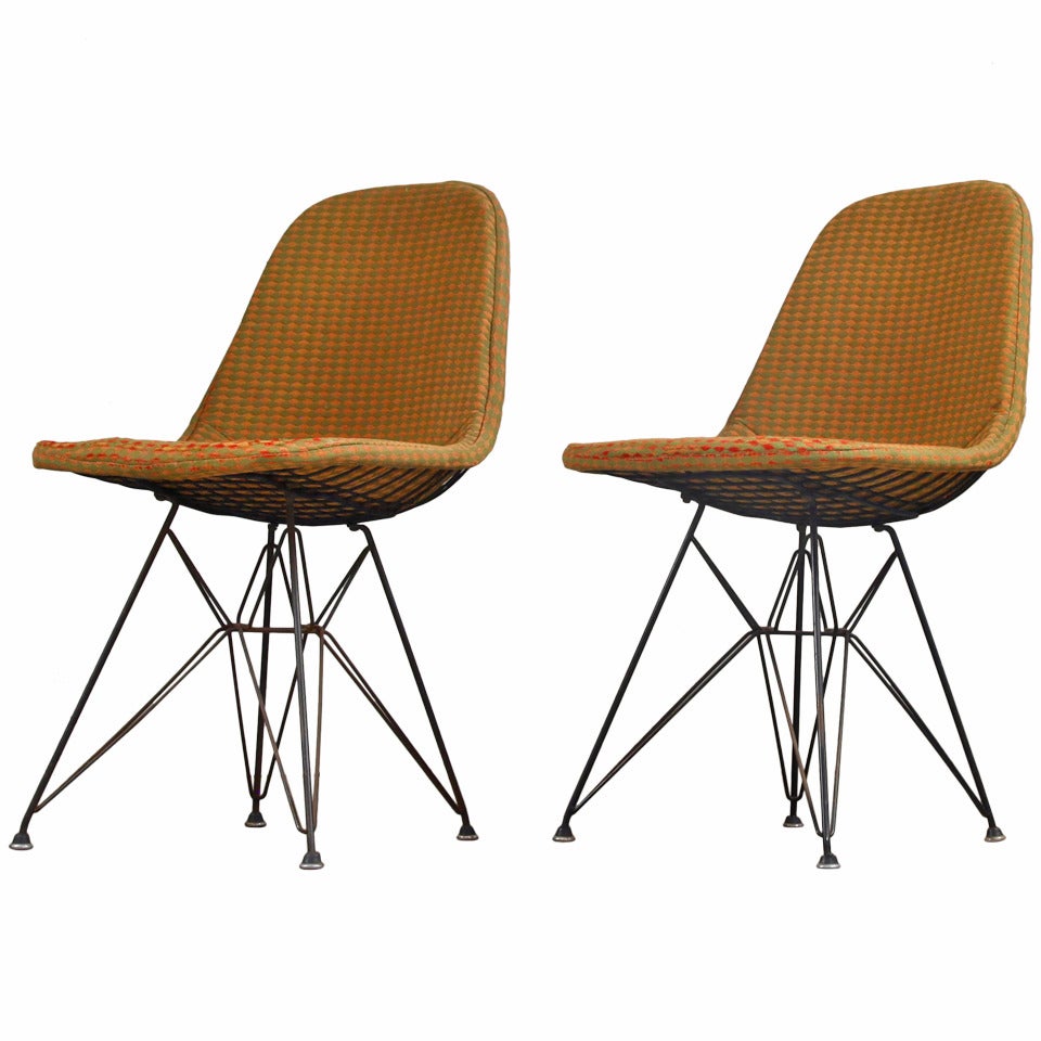 Early Eames DKR wire chairs with 'Girard' fabric