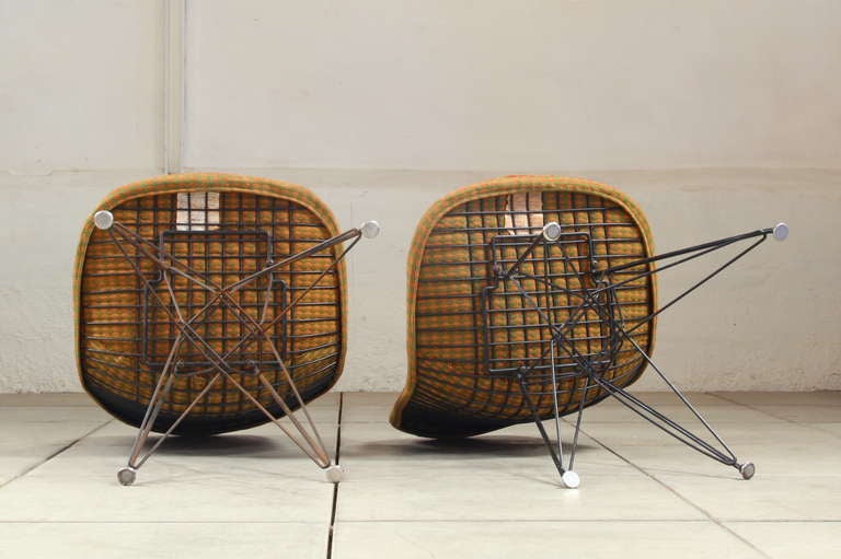Mid-20th Century Early Eames DKR wire chairs with 'Girard' fabric