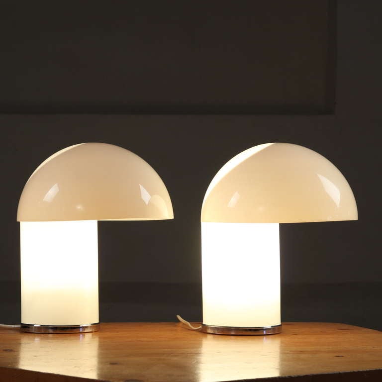 Set of 1960's 'Leila' lamps from the 'Longato collection.'  Base in chromed plastic and sculpture in off white plastic.  Gives a very cosy atmosphere.Ideal for bed stands.  Good condition.