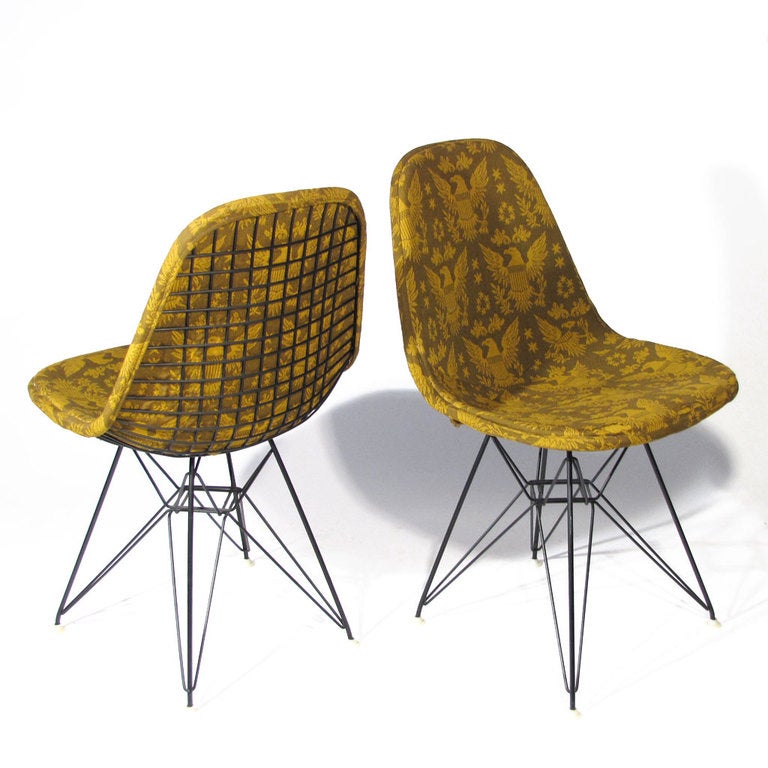 Pair Charles & Ray Eames for Herman Miller Eiffel Tower base DKR desk, dining, or accent chairs. All original parts. Full custom original olive and deep gold Federal Eagle print upholstery with Herman Miller labels sewn in material on underside.
