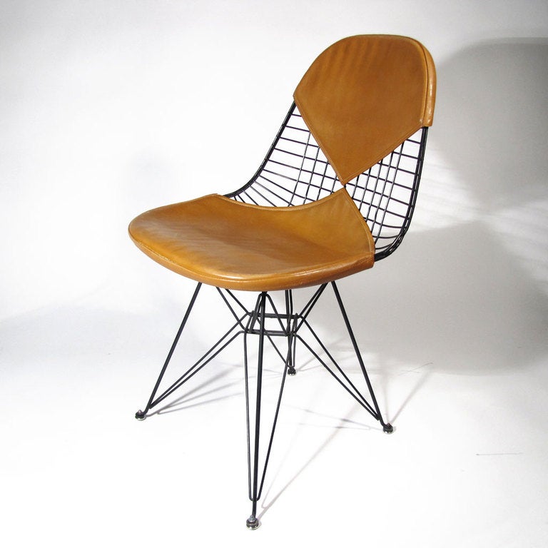 Charles & Ray Eames for Herman Miller Eiffel Tower base welded steel DKR desk, dining, or accent chair with camel leather bikini cushion with burlap back and original black botton attaching cushions. All original parts. Originally purchased in