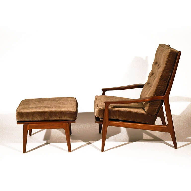 Milo Baughman for Thayer Coggin Archie chair and matching ottoman. Exposed solid walnut frame with taupe brown upholstery. Excellent condition. Originally designed in 1965.