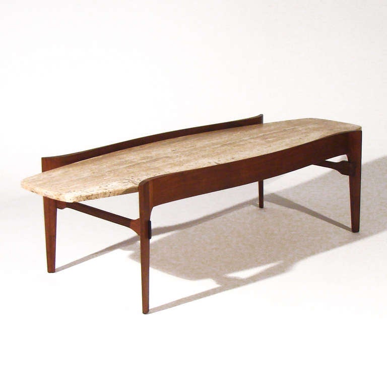 Walnut and Travertine Cocktail Table