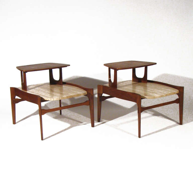Walnut and Travertine End Tables