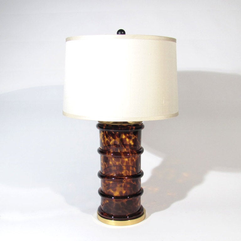Striking Paul Hanson hand blown glass tortoise pattern table lamp. Solid brass top and base. Shade optional.