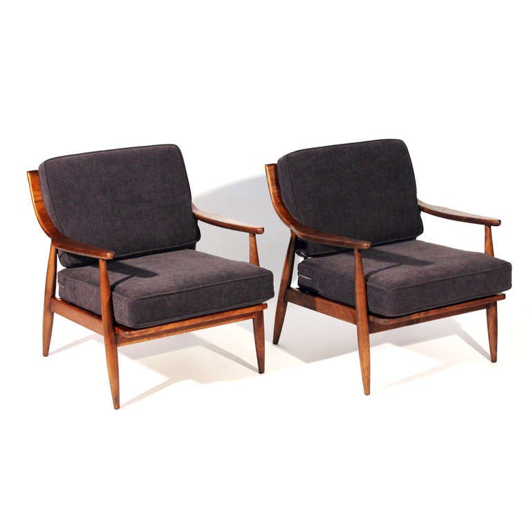 Striking set of Danish Modern lounge chairs by Peter Hvidt & Orla Mølgaard-Nielsen for France and Son. Restored and Reupholstered in a soft charcoal grey. Excellent vintage condition.