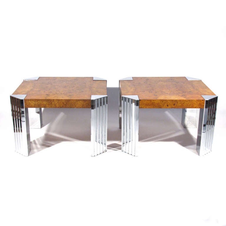 Impressive pair Leon Rosen for Pace tables. Light honey to deep amber colors with dramatic figuring in burl maple, supported by brilliant chrome legs.

Chrome re-plated, wood gently restored. Excellent Condition. Please call Stacey for a detailed
