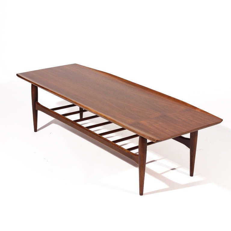 Terrific American version of Grete Jalk Coffee Table. This one is walnut with nice figuring in the wood. Excellent restored condition!