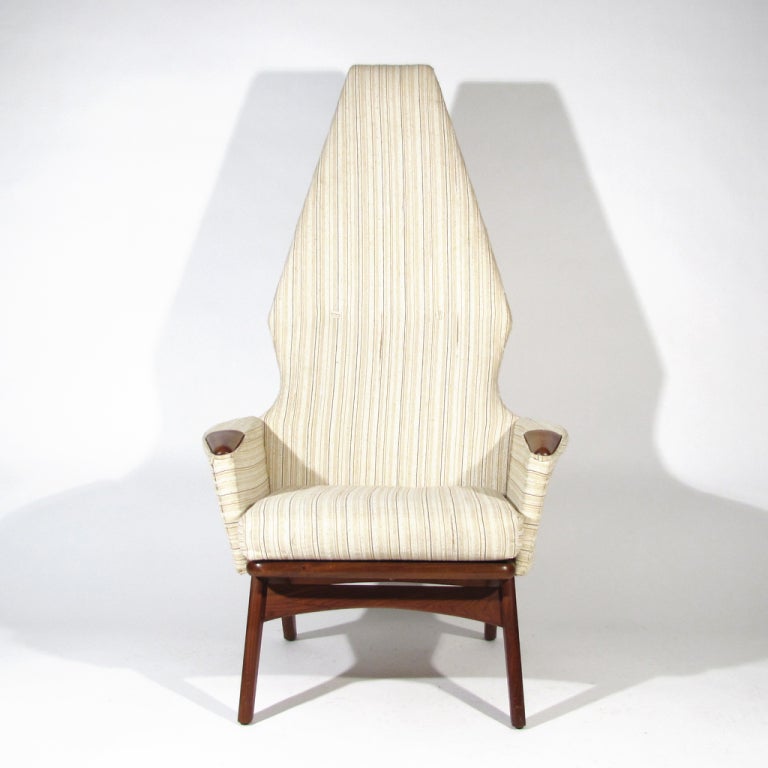 Classic Adrian Pearsall for Craft Associates Model 2056-C  high back chair crafted in deep walnut. Angular form frame culminates in a very comfortable chair. Upholstered in almond cream striped material with tufted back.

Walnut in immaculate