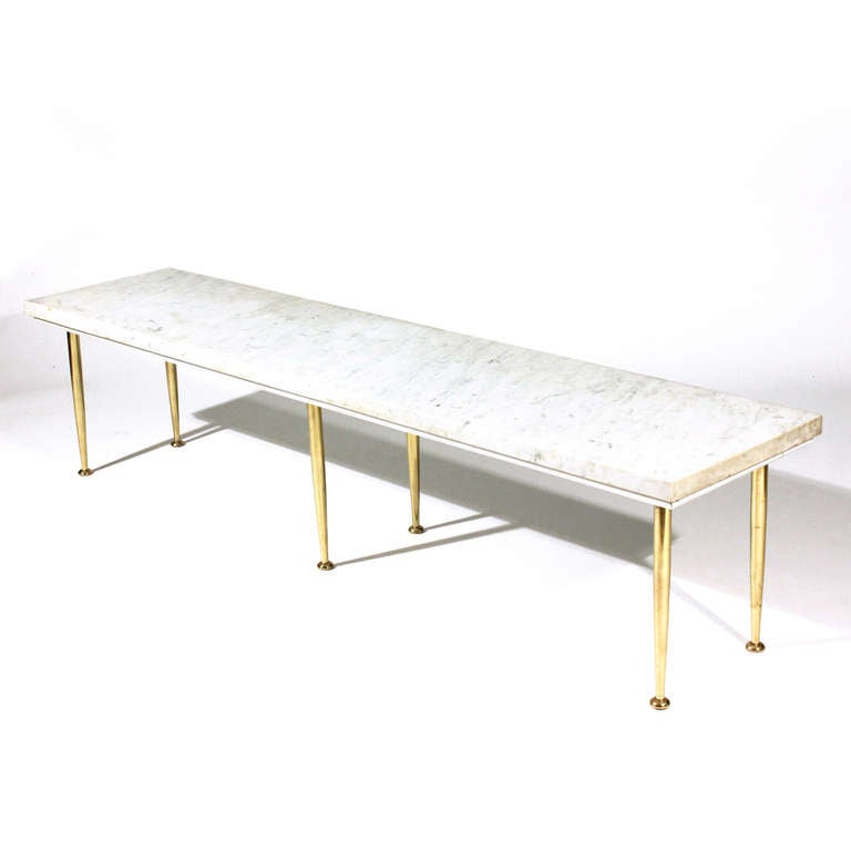 Hollywood Regency Long Marble and Brass Coffee Table For Sale