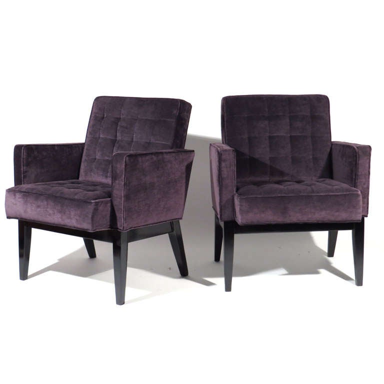 Pair Harvey Probber chairs upholstered in Romo Zinc Vice Charolite. Black lacquered bases. Biscuit tufted back and seat.