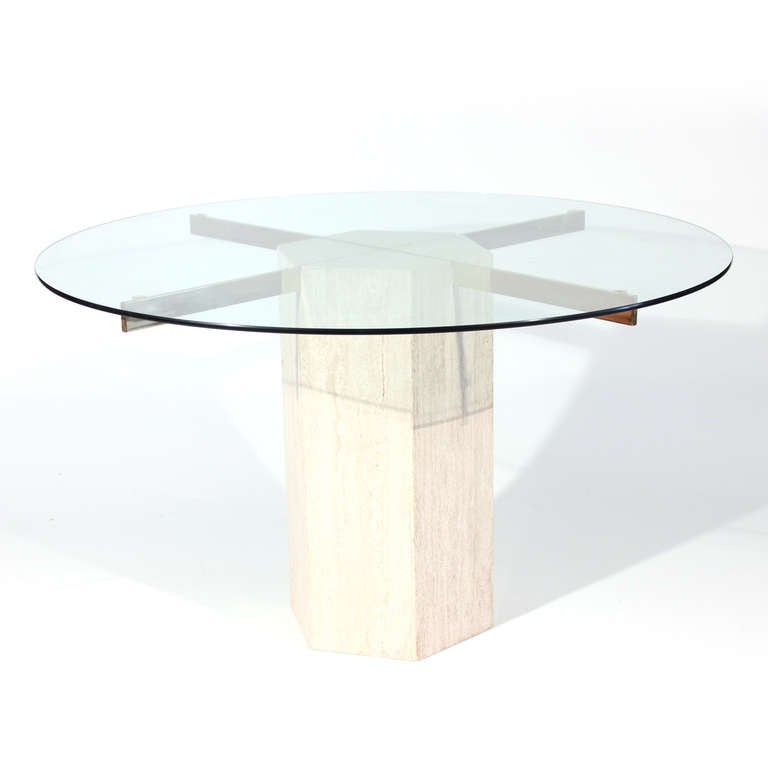 Mid-Century Modern Italian Marble Travertine and Glass Dining Table For Sale