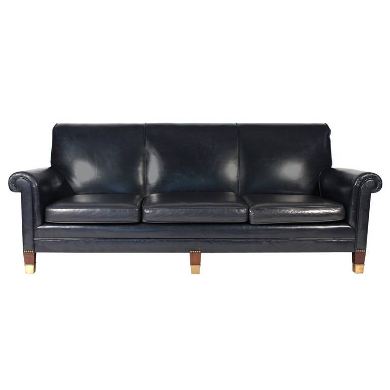 Classic Navy Blue Leather Sofa at 1stdibs
