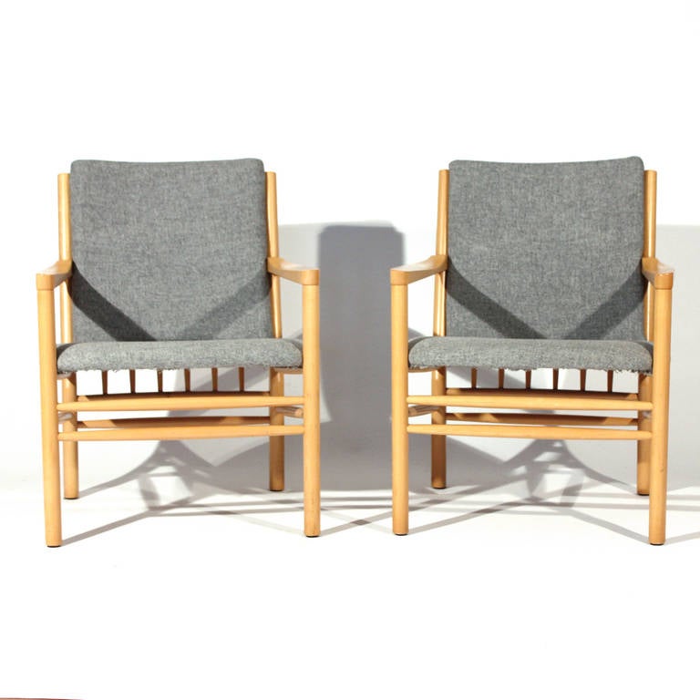 Pair of Erik Jorgensen J147 Chairs for Fredericia Furniture. Beech frames with Gray tweed upholstery. In excellent vintage condition.