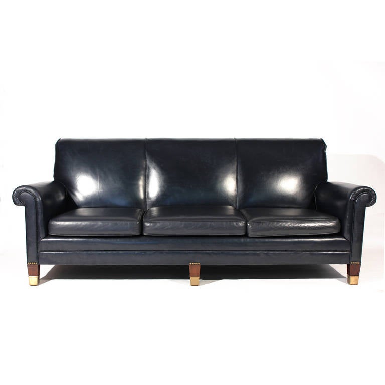 Classic Navy Blue Leather Sofa