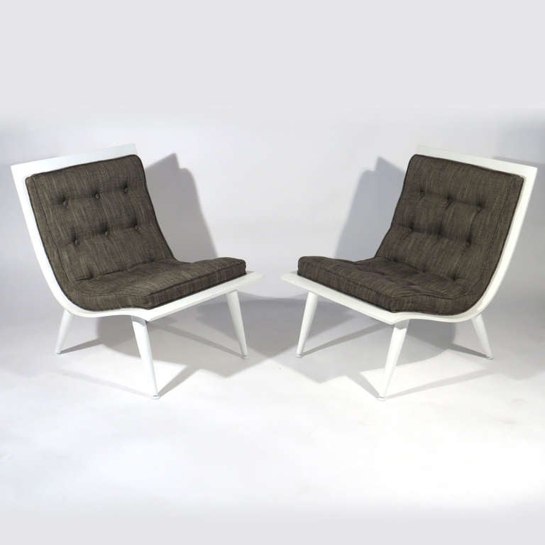 Pair Mid-Century white lacquered tufted scoop chairs upholstered in Romo Leoni Liquorice. Very comfortable.

excellent restored condition.