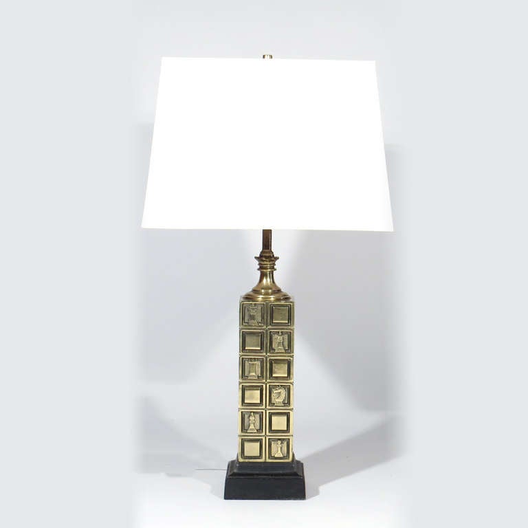 Pair Laurel brass lamps. Chess players on front and back side with plain chess board squares in between and on sides, Black satin metal bases. Brass hardware. Dimensions for base only, to bottom of stem.

Nice condition. Newly coated satin black