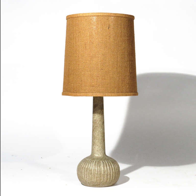 Ribbed Mid-Century Gordon Martrtz table lamp. Spattering of brown speckles over light green. Matte glaze. Original brass harp and hardware with deep patina. Incised Martz on lower base. Height shown is to bottom of socket.