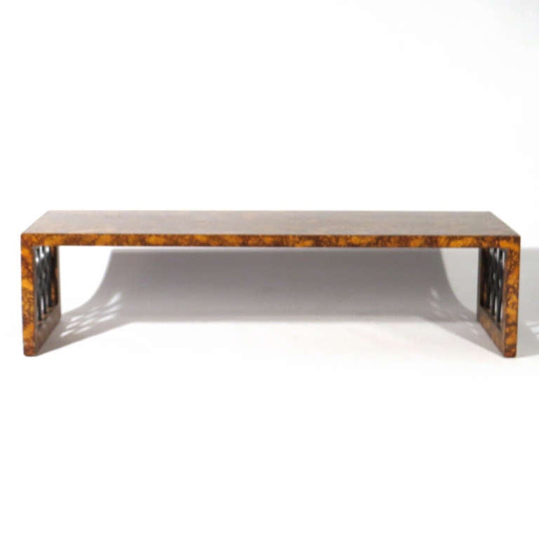 Oil drop Charak coffee table. Deep golds, ambers, and browns with diamond form lattice sides. Charak label affixed to underside.