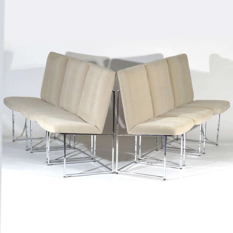 Six 1970's classic high back Milo Baughman for Thayer Coggin chrome dining chairs newly upholstered in light mushroom.