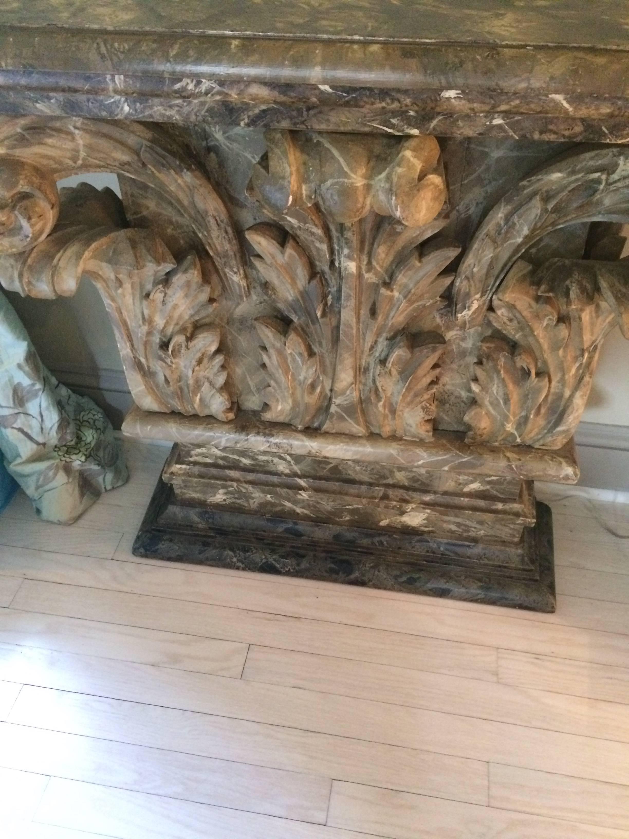 Spectacular Pair of Antique Carved Wood French Consoles In Excellent Condition In Hopewell, NJ