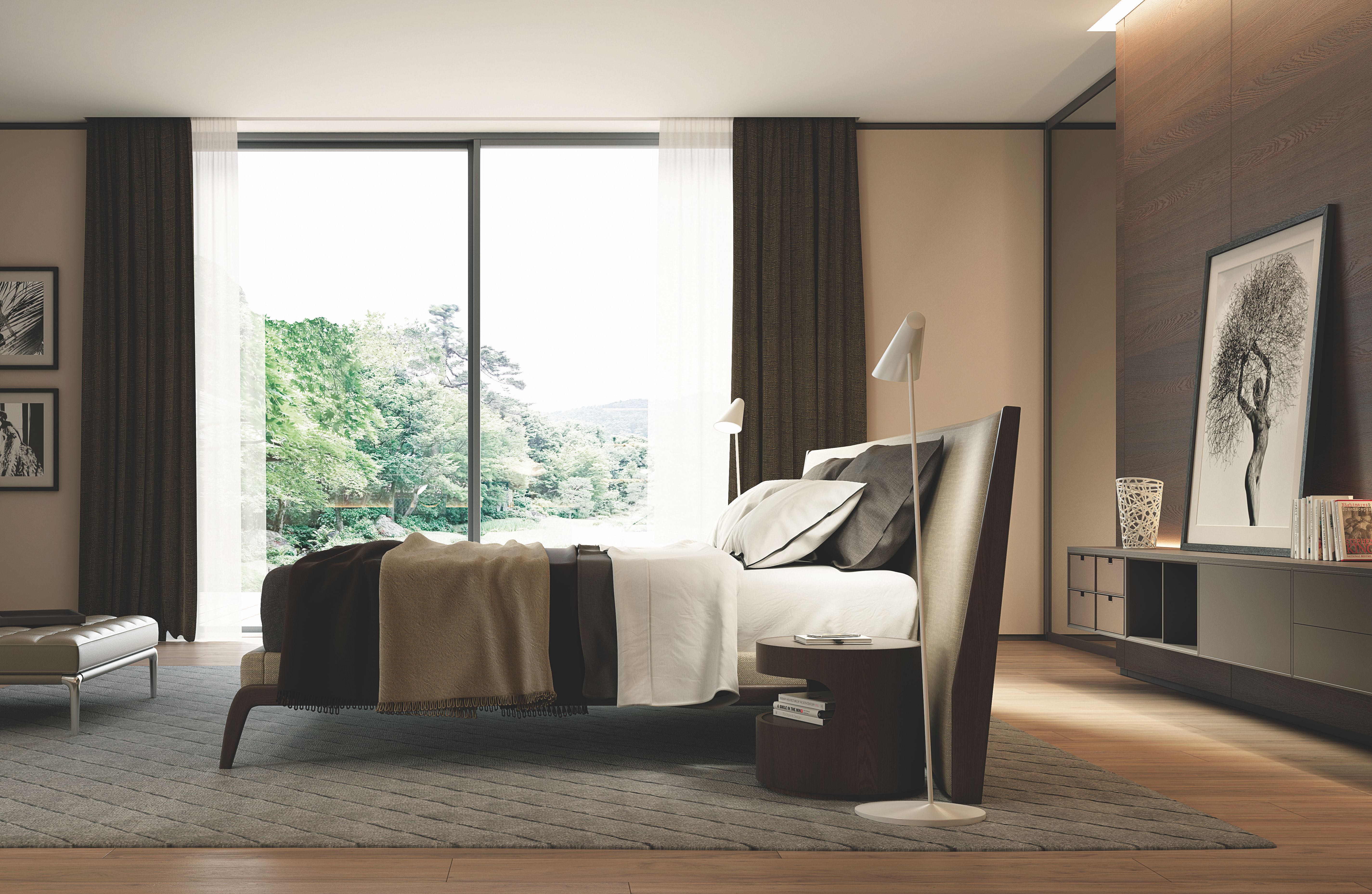 Modern Italian Bedroom Set Includes Bed And Two Night Tables Wood Fabric