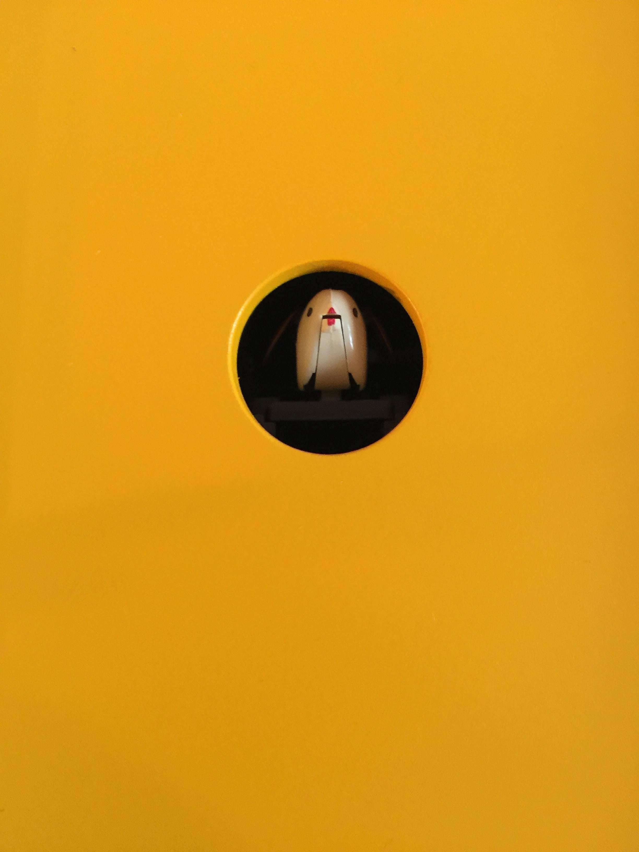 Modern Cuckoo clock made in Italy, dark yellow with white pendulum and white hands. Cuckoo clock comes out every hour or put it off or low volume. Battery feeding, battery excluded. A very nice gift ideas especially for holiday gifts.