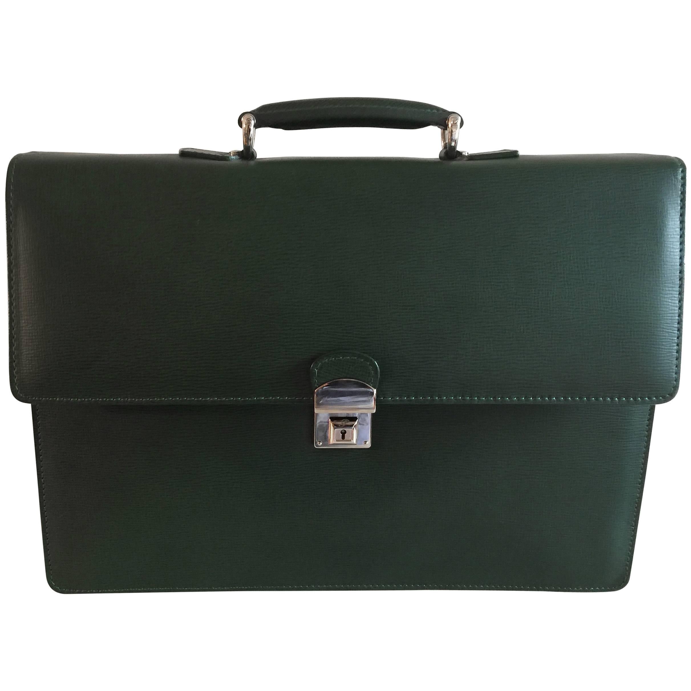 Pineider Men's Green Leather Briefcase with Matching Wallet