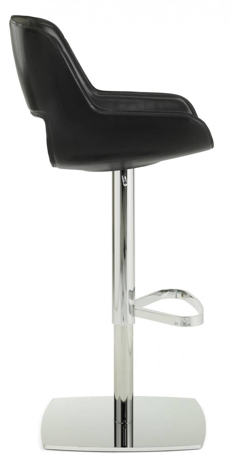 Modern Italian bar stool, luxury quality hand made in Italy, featuring a rigid polyurethane foam shell seat completely covered with leather, pedestal base, chrome finished, swivel and adjustable gas operating mechanism. Exclusive design, 30