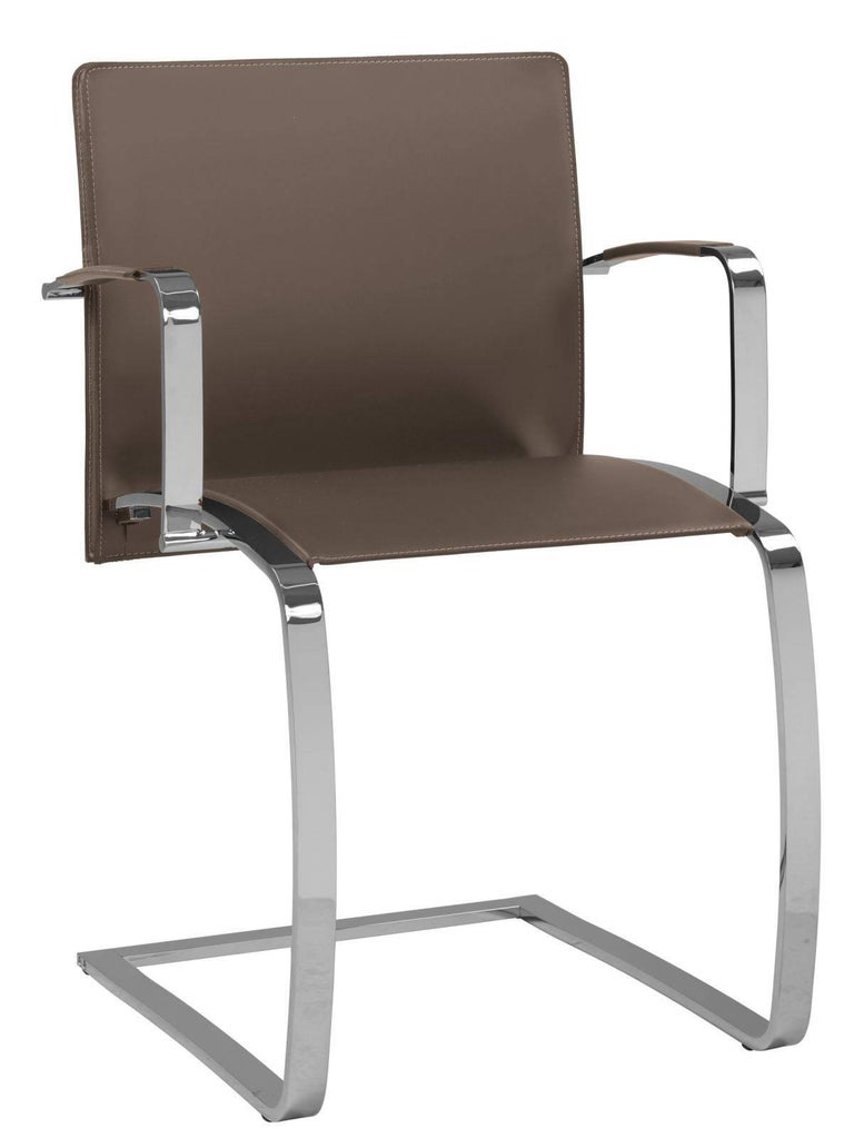 Set of Six Italian Leather Dining Room Chairs with arms chrome