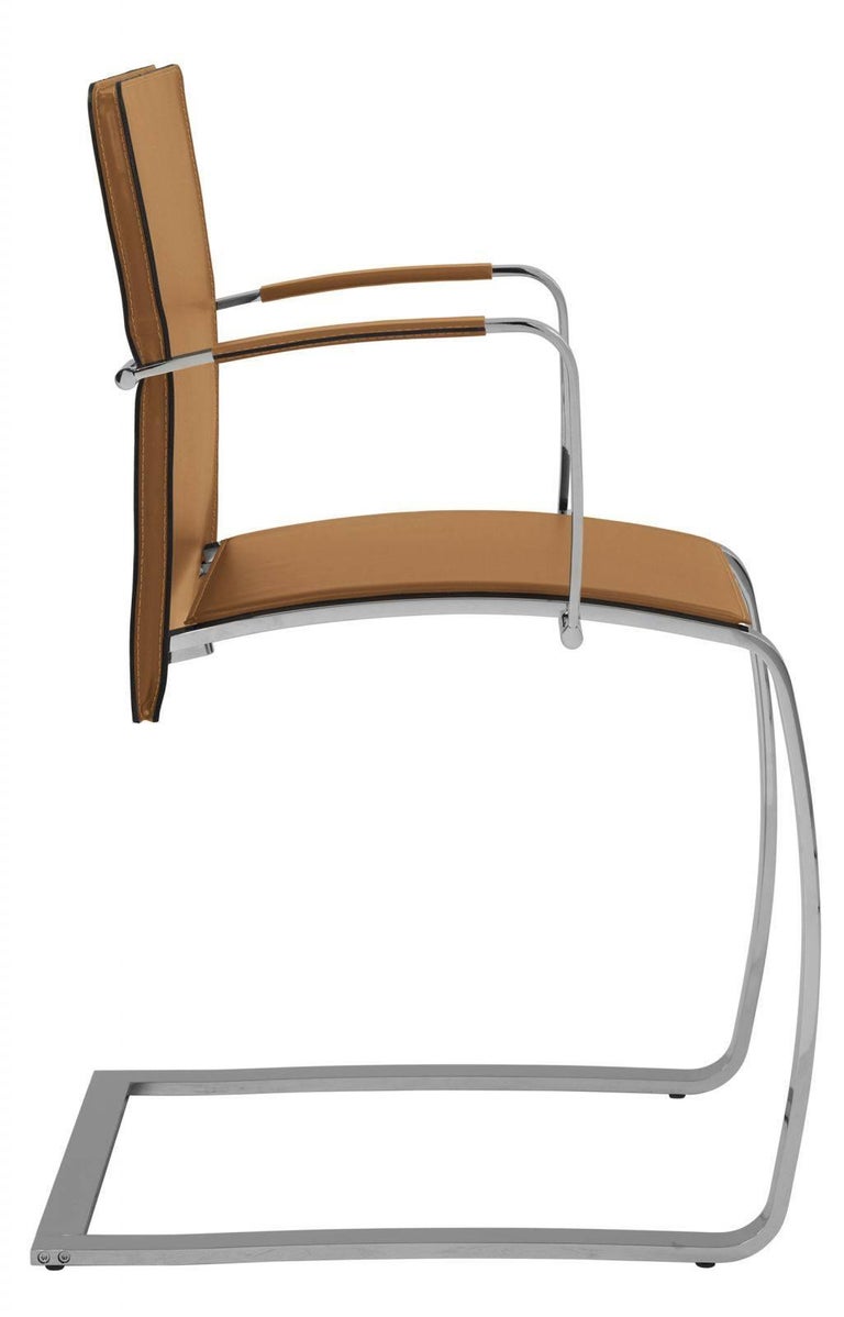 Set of Six Italian Leather Dining Room Chairs with arms chrome