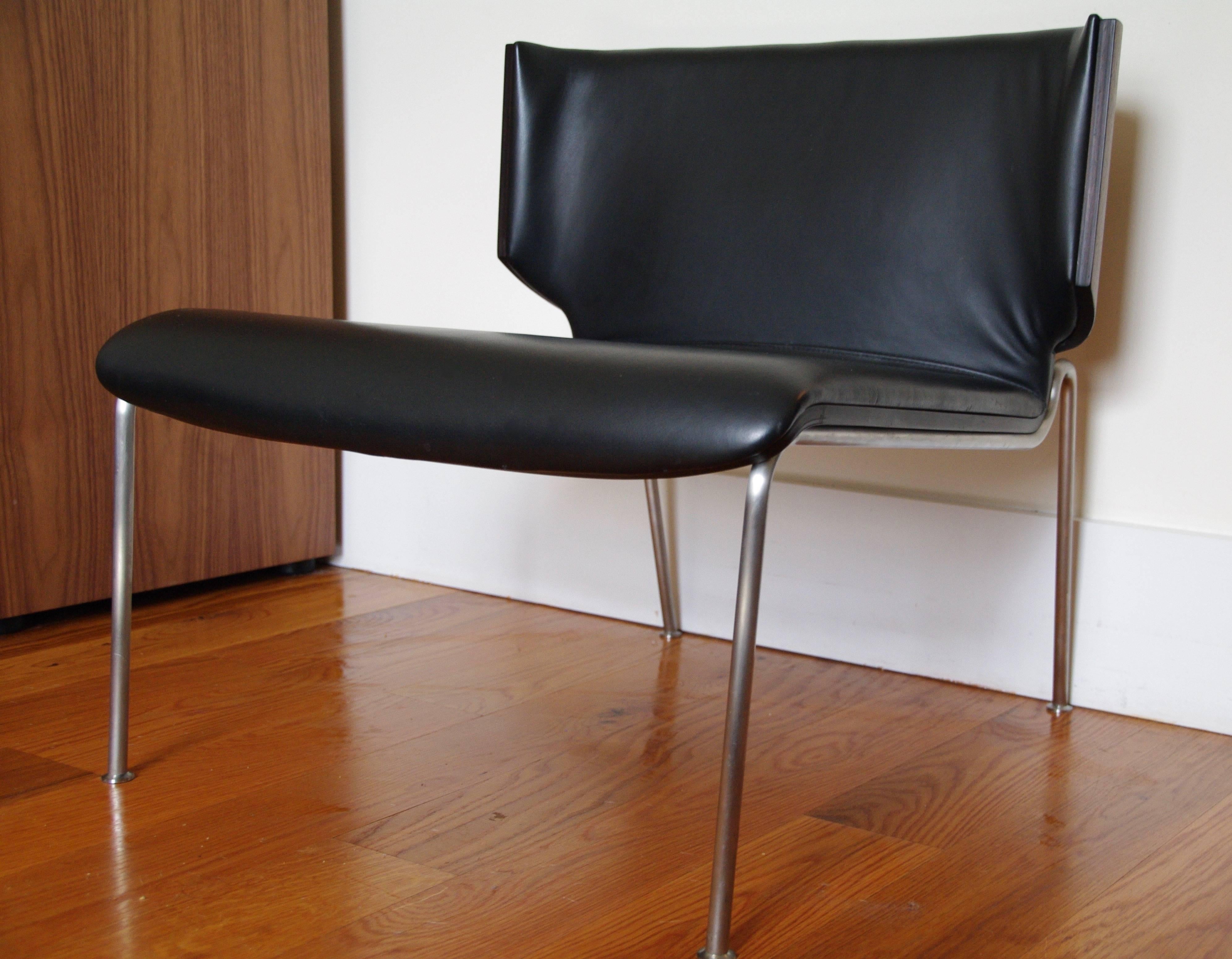 Contemporary Italian Modern Armchair, Black Leather and Wenge Wood, Italy For Sale