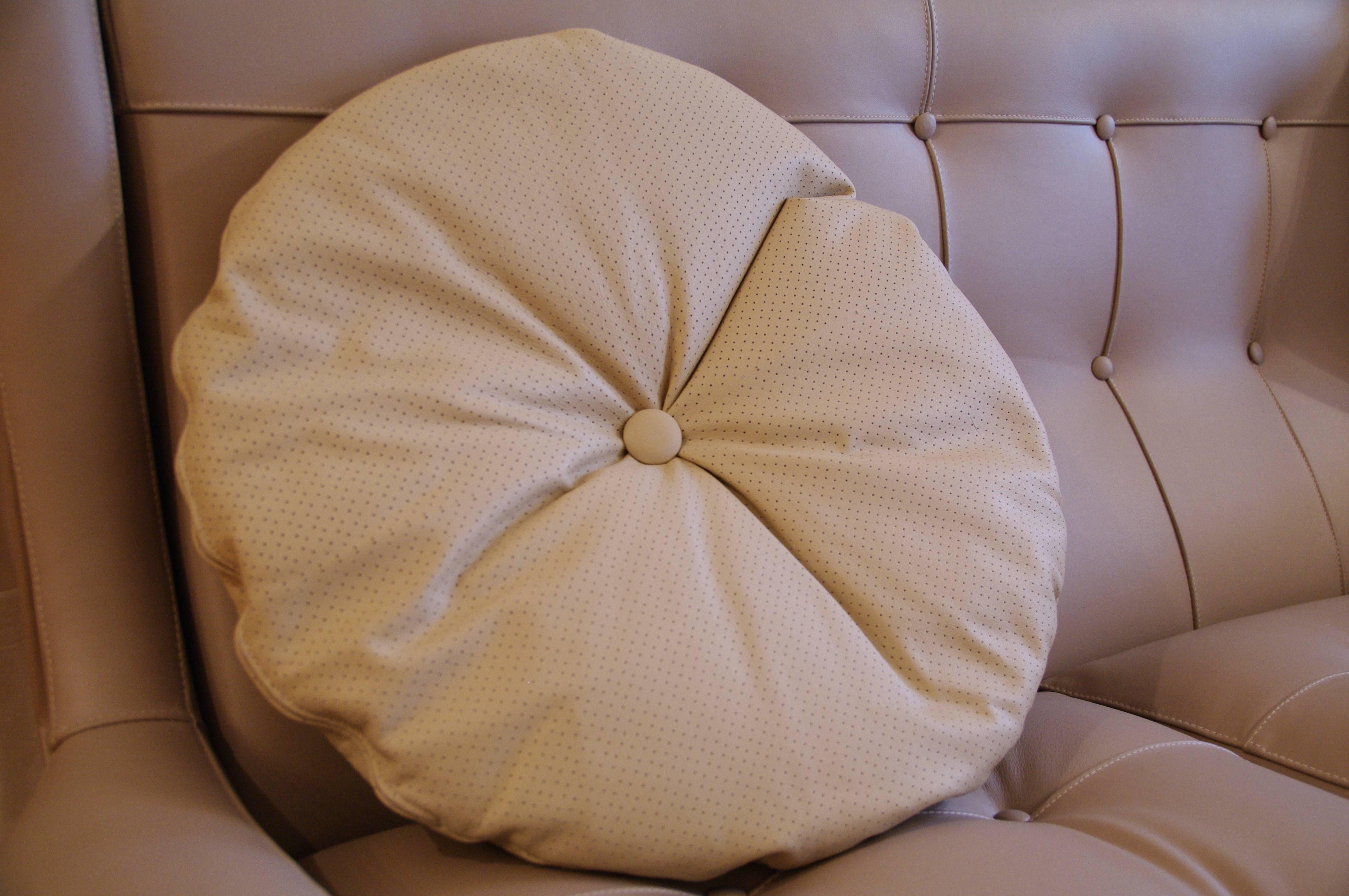 Beautiful large perforated leather round throw in pillow with button, 21.65